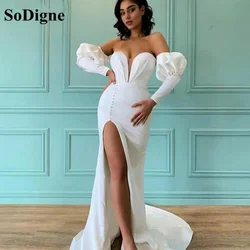 SoDigne High Side Split Long Sleeves Mermaid Prom Dresses Sweetheart Evening Gowns Lace-up Back Satin Plus Size Formal Gowns