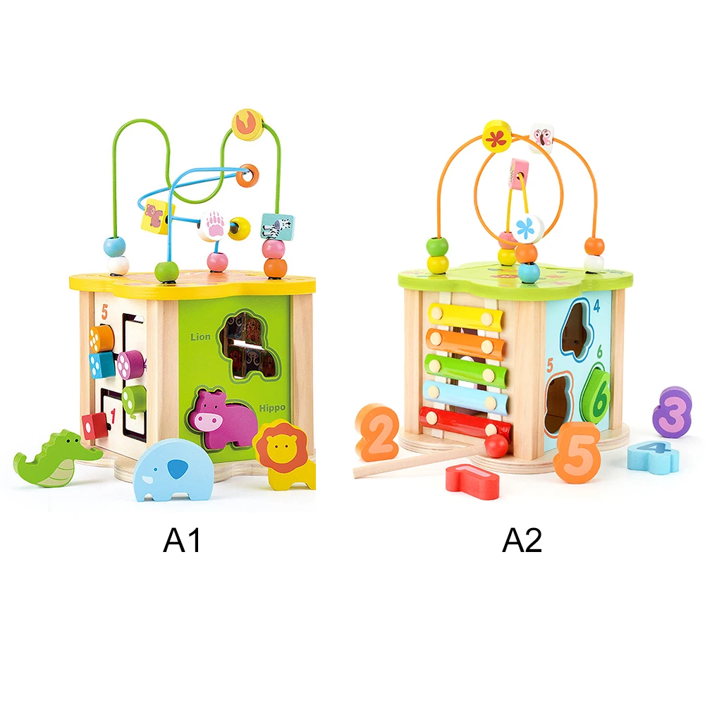 6 in 1 Wooden Building Blocks Activity Cube Bead Maze Multi purpose Educational Toy for Kids 5