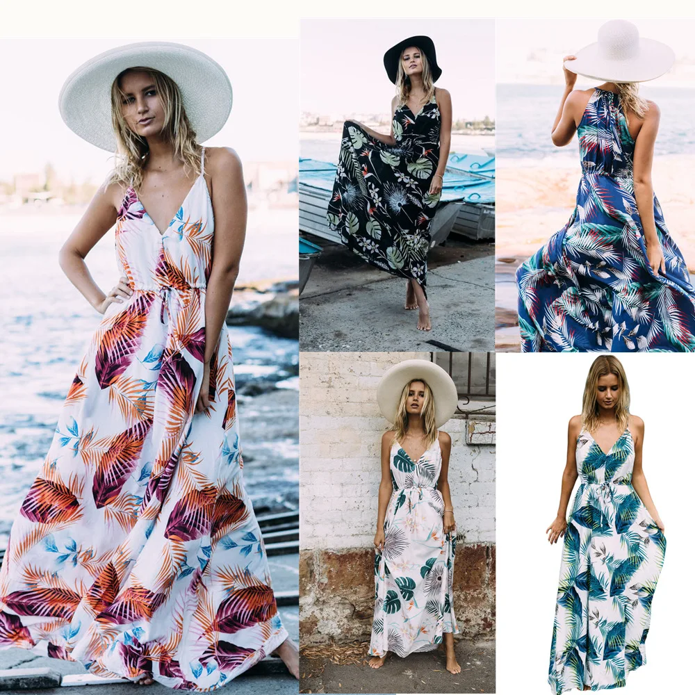 

2020 Women's Leafy Print V neck Long Maxi Dress 2019 New Summer Beach Slim Sleeveless Casual Sundress Spaghetti Vestido dresses