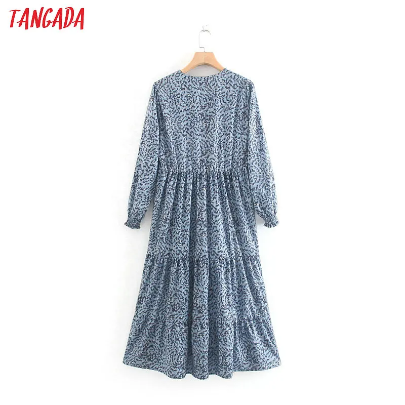 Skup Tangada kobiety niebieski długa sukienka z nadrukiem z długim rękawem łuk krawat szyi moda w stylu vintage panie plisowana sukienka vestidos XN292