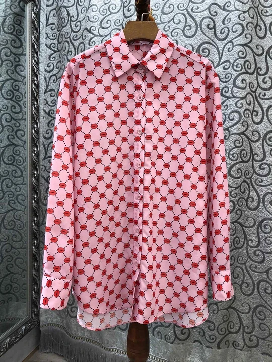 

2019 Early autumn new woman Lapel print checked matching color long sleeve shirt 810
