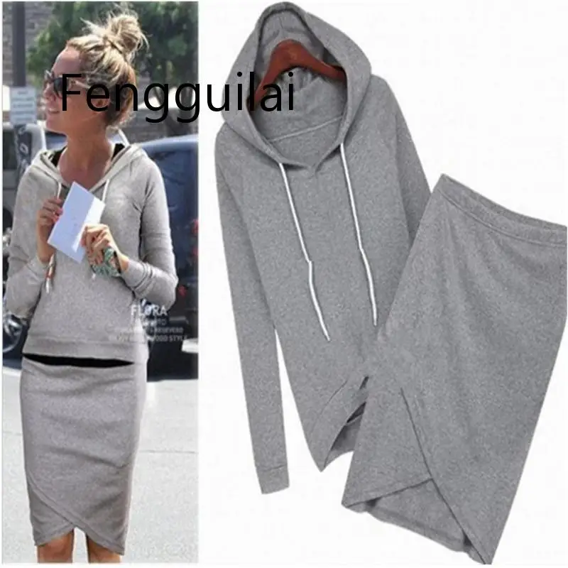 

FENGGUILAI New Casual Elastic Waist Irregular Knee-length Simple Two Set Spring Autumn Solid Long Sleeve Hooded Women Two Sets