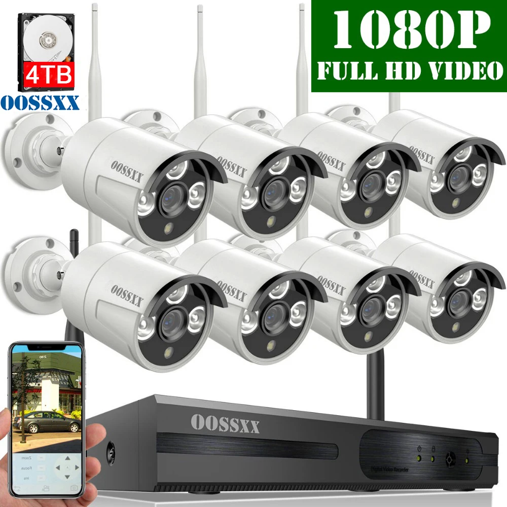 OOSSXX Security Camera System Wireless 8CH 1080P NVR Kit 8pcs 1080P(2.0M) Outdoor CCTV Wireless IP