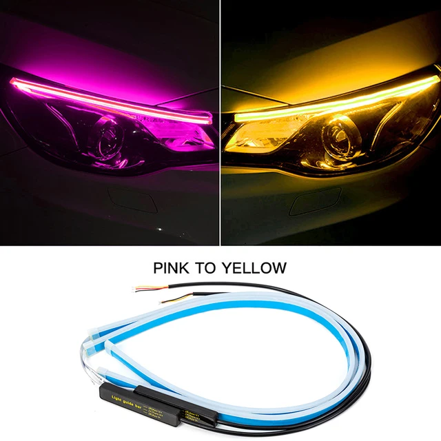 Pink to Yellow 2 шт. ультратонкие автомобильные DRL 30 45 60 см светодиодный дневные ходовые огни Светодиодный белый указатель поворота желтая направляющая лента для сборки фар - Цвет: Pink to Yellow