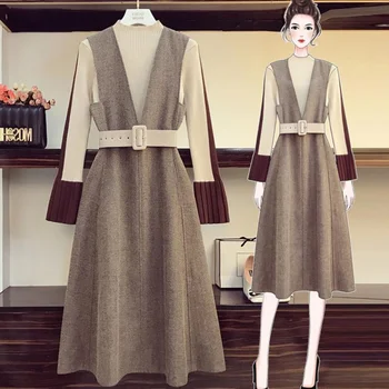 

Autumn and Winter Women's Sweater + Sleeveless Dress with Belt Two-piece Suit