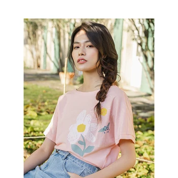 

INMAN 2020 Summer New Arrival Elastic Cotton Round Collar Batwing Sleeve Flower Printed Literary T-shirt