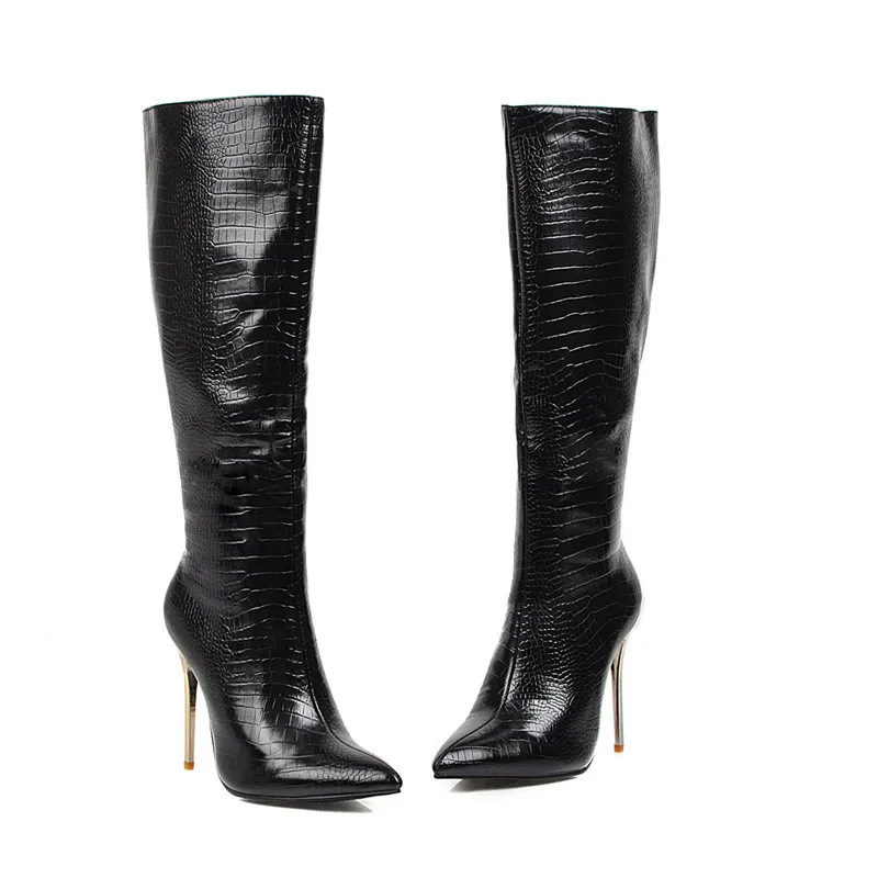 ESRFIYFE/ г. Новые высокие сапоги до колена зимние теплые женские сапоги мотоботы обувь из микрофибры на тонком высоком каблуке женские большие размеры 34-48 - Цвет: Черный