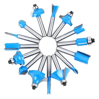 

15pcs 1/4" Shank Tungsten Blue Carbide Router Bit Wood Template Cutter Drill Bit Woodworking MillingTool Set