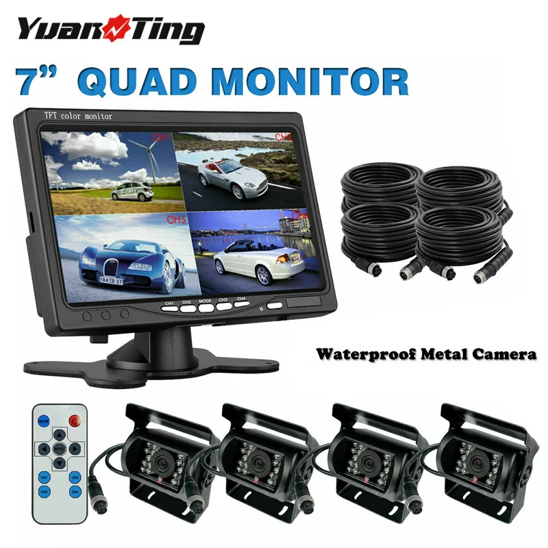 

YuanTing 7 inch Quad Split Screen 6 Mode Display Car Monitor & 4 Pin Reverse Rear View Camera System for Truck Trailer Kit