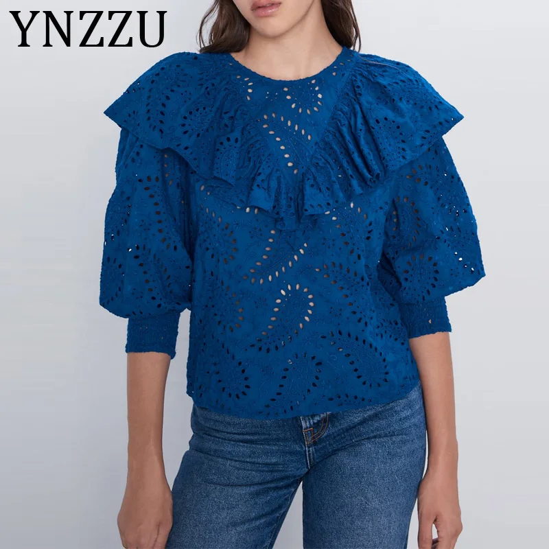 

YNZZU Ruffles Elegant Hollow Out Cotton Blouse Women Solid Blue Long Sleeve Vintage Shirts Female Casual Tops blusas AT377