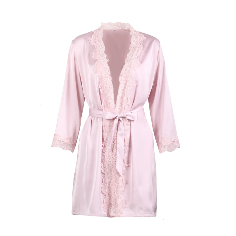Sexy Polyester Silk Robes With Lace Women Satin Bathrobes Night Robe Sleepwear Wedding Nightie Solid Color Dressing Gown Bedgown - Цвет: Bye bye pinky grey