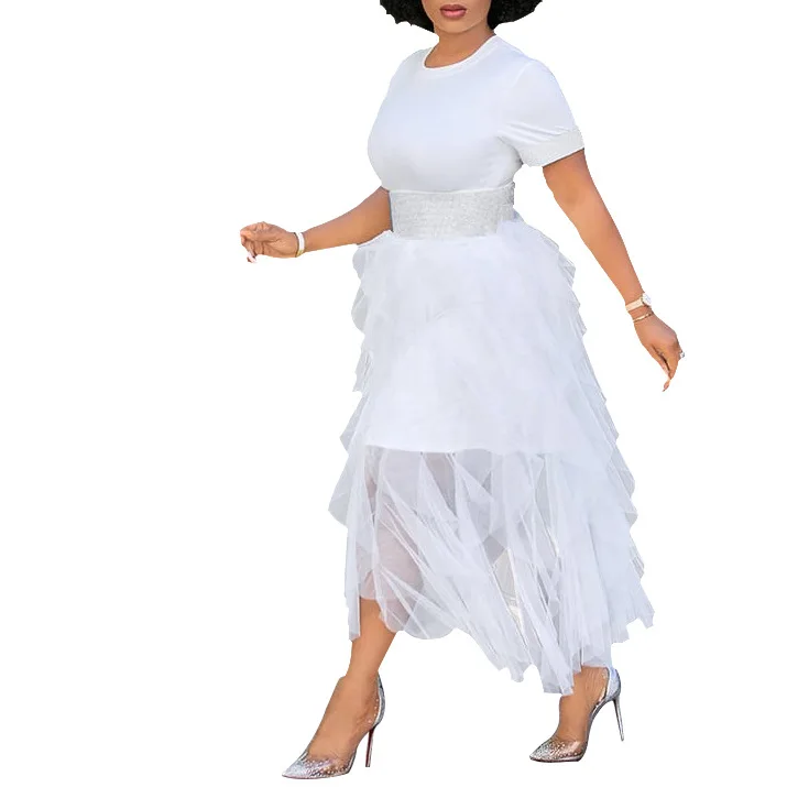 Футболка юбка плюс трикотажная сетчатая юбка костюм платье комплект с круглым вырезом короткий рукав женская белая рубашка свободная Лето поступление M-XXL белый