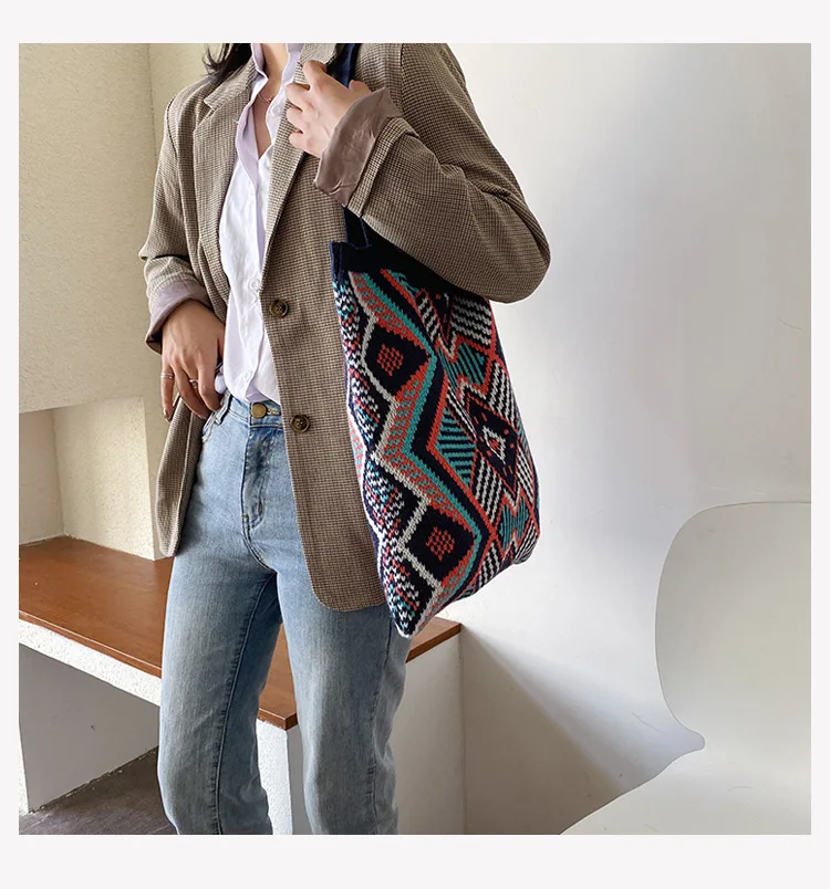 Lady Knitting Gypsy Bohemian Boho Chic Aztec Tote Bag Women Crochet Woolen Open Shopper Top-handle Bag 2022 Female Daily Handbag