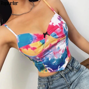 

Rapwriter Spaghetti Strap Tie Dye Print Crop Top Female Summer Tops Bow Women 2020 Backless Streetwear Sleeveless Camis Bustier