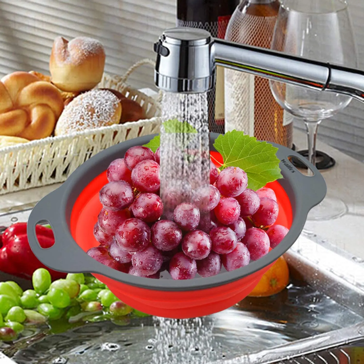 WALFOS 2 pieces Foldable silicone Collapsible Kitchen Colander Kitchen Tools Fruit Vegetable Strainer Drainer Washing Basket