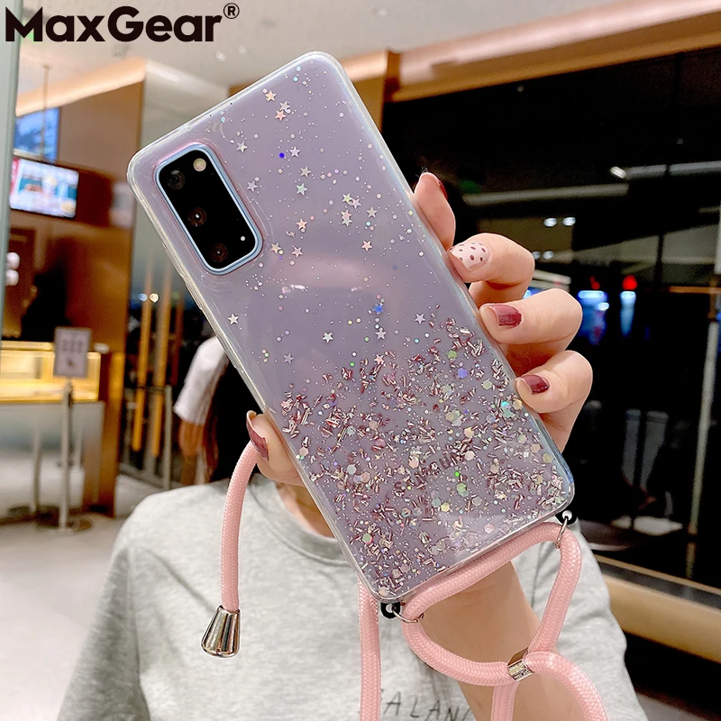 Ожерелье ремешок Чехлы для Samsung Galaxy A51 A71 A50 A70 S8 S9 S10 Plus Note 10 Lite S20 ультра блестящий