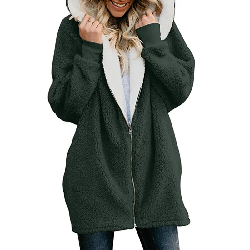 Зимнее женское пушистое плюшевое пальто с капюшоном, с длинным рукавом, из овечьей шерсти, пальто из искусственного меха, осенний кардиган, плюшевая Меховая куртка, Femme, большой размер - Цвет: Армейский зеленый