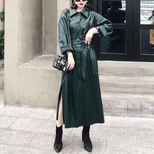 dark green KMETRAM весенне-осенняя женская куртка из искусственной кожи, женская уличная длинная куртка, Женская ветрозащитная куртка Mujer 5475 - Цвет: dark green