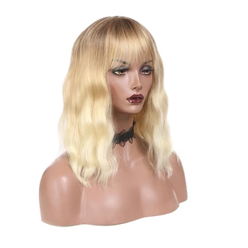 

Tinashe Beauty Ombre Blonde Blue Pink Synthetic Wigs With Bangs Short Loose Wave Bob Wig Heat Resistant Female Wigs For Women