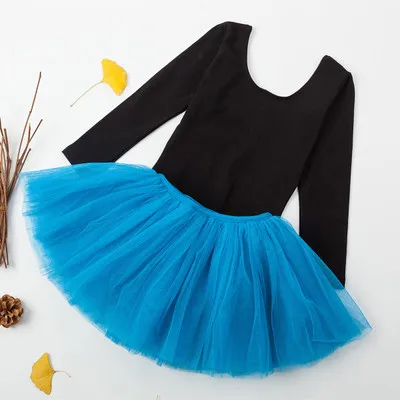 Black and Blue Детское хлопковое гимнастическое трико с длинными рукавами, балетное танцевальное платье танцевальная одежда для девушек с балетной юбкой-пачкой гимнастическое платье - Цвет: Black and Blue