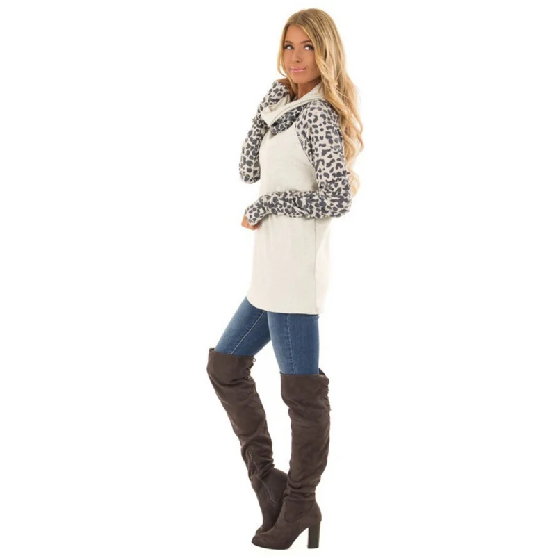 Fashion Scarf Collar Leopard Stitching Top Slim Fit Warm Top For Women XL Fashion Scarf Collar Leopard Stitching Top Slim Fit Warm Top For Women XL