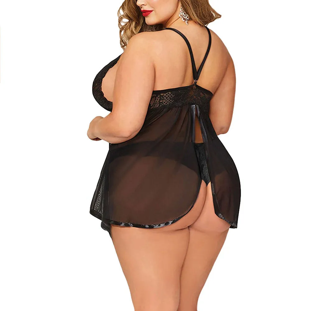 Женское кружевное белье больших размеров, ночное белье, женская сексуальная ночная рубашка с v-образным вырезом, ночная рубашка, набор стрингов