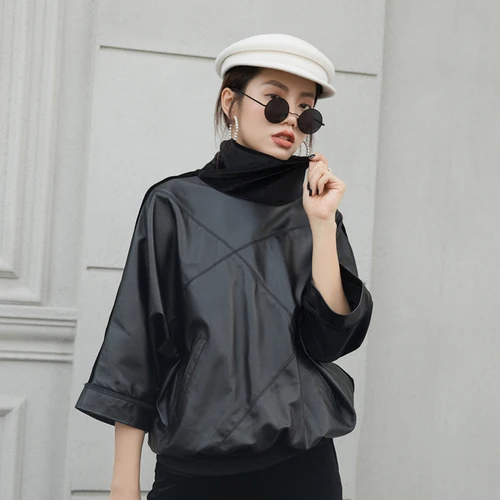 Genuine Leather Sweatshirts Casual Turtleneck Drop Shoulder Flare Sleeve Sheepskin Tops Women Autumn Winter Highstreet Outwear - Цвет: Черный