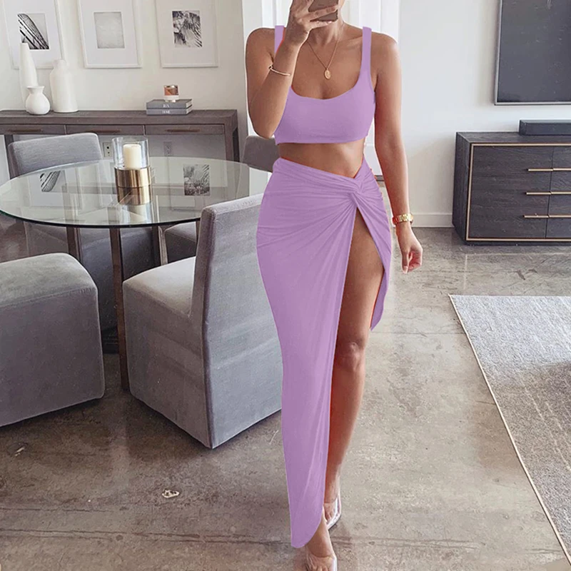 Fashion Female Long Skirt New Sling Tube Top Mid-Length Solid Color High Split 2-Piece Summer Suit For Women Lady Skirts Suits