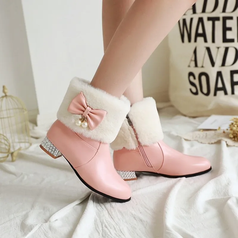 

KSLENMOS Snow Boots Women Block Low Heel Booties Autumn Winter Warm Ankle Boot Girls Square Heel Bow Zip Short Boot Pearl Pink