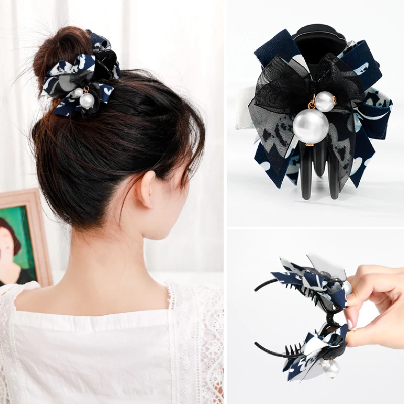 Korea Temperament Floral Hair Grab Clip pin Sweet Mesh Bow Imitate Pearl  Claw Top   Accessories for Women Girls