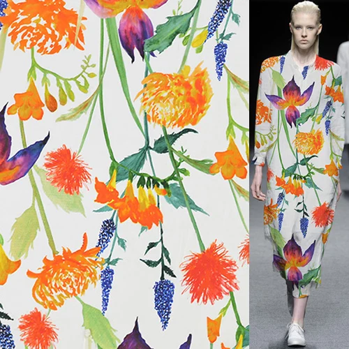 

Plant design floral print on white PURE silk crepe de chine fabric,SCDC1080