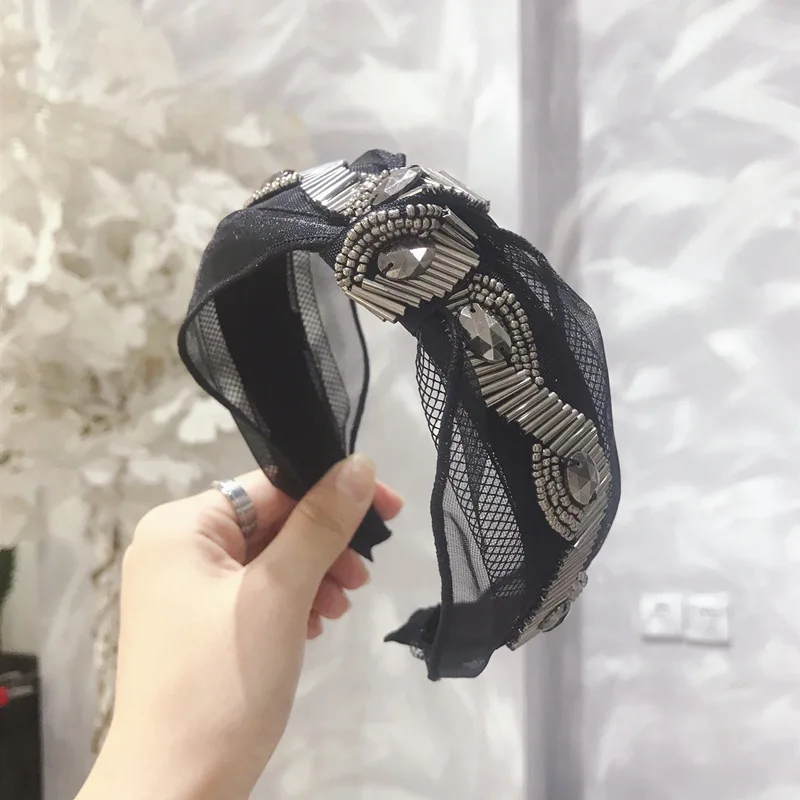 New Vintage Headband Women Wide Side Lace Black Hairband Adult Shining Rhinestone Girl Fashion Hair Accessories High Quality