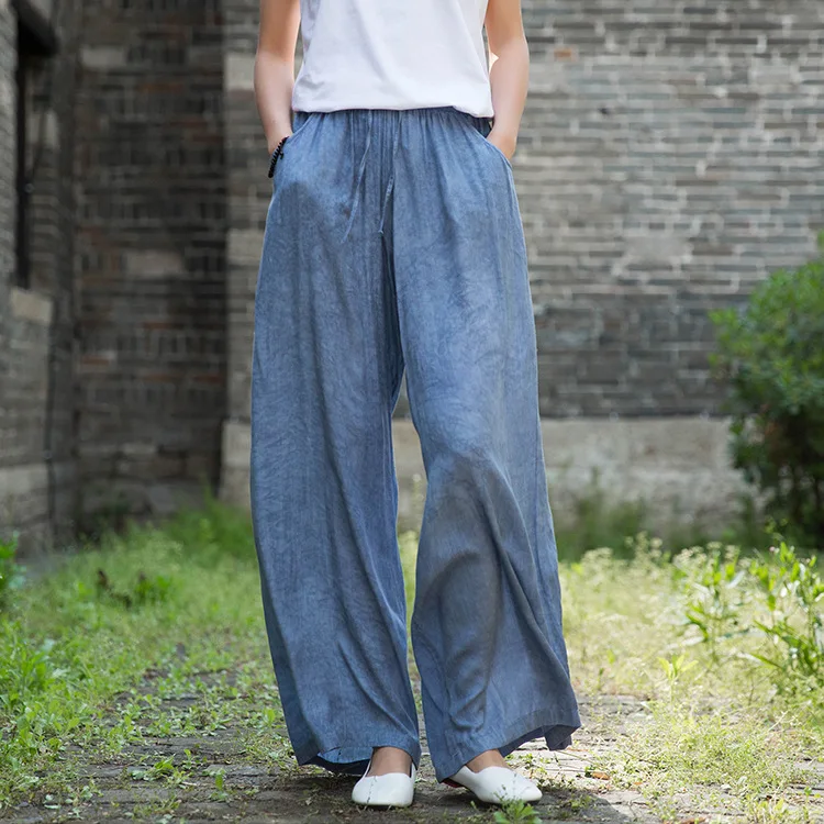 Johnature 2020 Autumn New Full Length Retro Elastic Waist Tie Dye Wide Leg Pants Loose Comfortable All-match Women Lace Up Pants