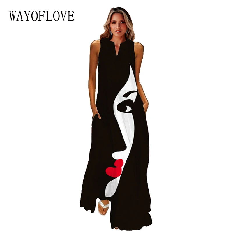 WAYOFLOVE черное летнее женское Повседневное платье с 3D рисунком лица и V-образным