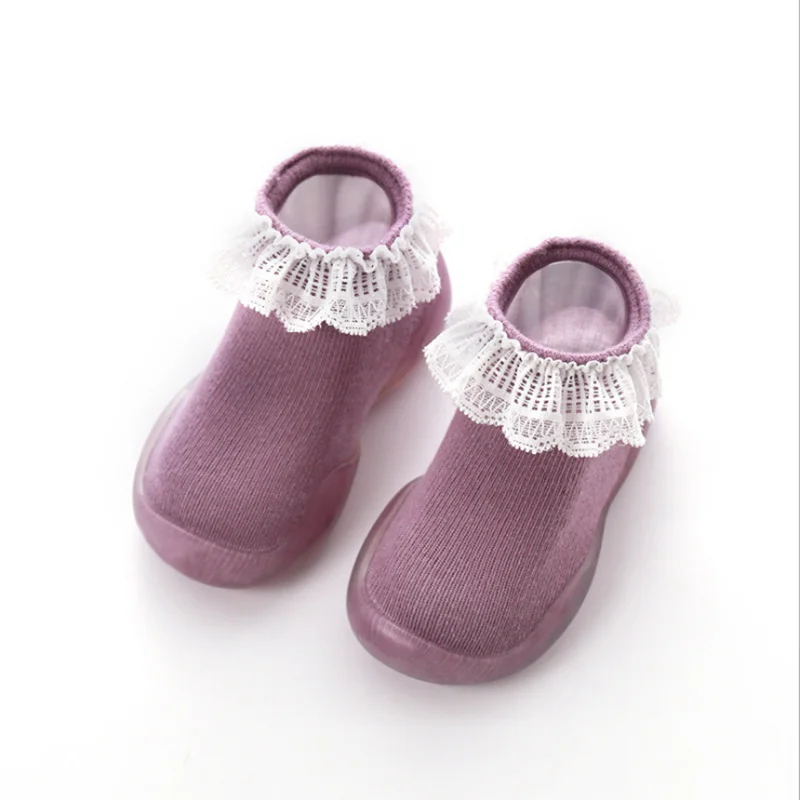 Нескользящие Детские пинетки; милые детские ботинки для новорожденных; мягкие носки для малышей с рисунком; носки для малышей - Цвет: Сливовый