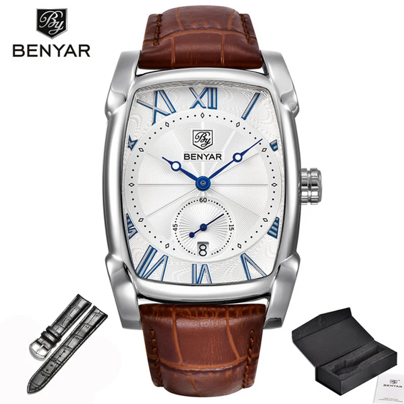 Silver Benyar, роскошная фирма, кварцевые мужские часы, фирменные мужские военные, кожа, мужские спортивные часы, час, дата, водонепроницаемые, мужские часы - Цвет: Silver