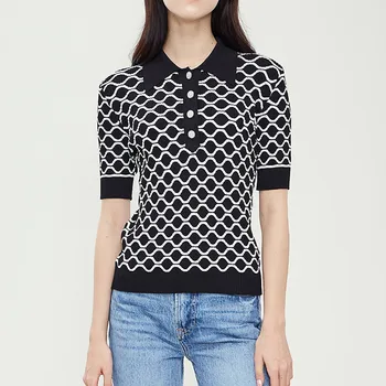 

Half Sleeve Lapel Women Tshirt Sumer Tops 2020 New Knitted T Shirt Women Contrast Color Rhombus Plaid Elastic Slim Tshirt Tee