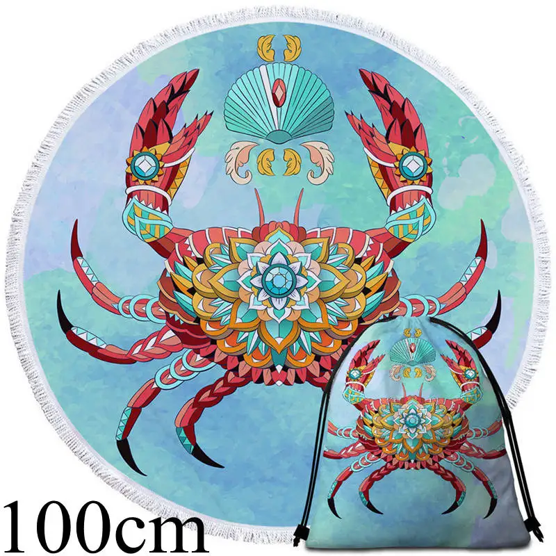 Towel 100cm-Bag Постельные принадлежности Outlet океан полотенца с фигурками животных Ванная комната Мандала Краб круглый пляжное полотенце акварель Пастель коврик для пикника морское создание Toalla - Цвет: Towel 100cm-Bag