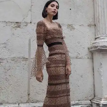 

2020 Autumn New Polka Dot Lace Dress Vestidos Sexy Square Neck Flared Long Sleeve Bodycon Celebrity Club Party Long Dress