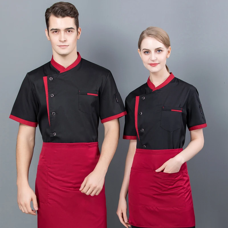 Unisex Restaurant Kitchen Chef Uniform Shirt Breathable short sleeves Chef Jacket+cap+apron works clothes for men Wholesale 2019