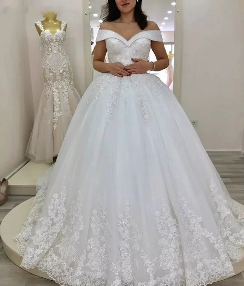 Luxury Crystal Beads Princess Wedding Dresses Lace Applique V Neck Off Shoulder Bridal Gowns With Lace Up Back vestido de noiva blue wedding dress