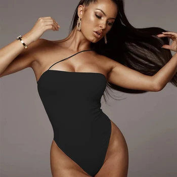 

Women's bodysuit autumn and winter personality new women's straps word shoulder slim bodysuit sexy solid color bodysuit female