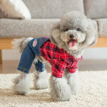 

New Denim Bib British Plaid Dog Teddy Pomeranian Four-legged Pet Clothes Dog Spring