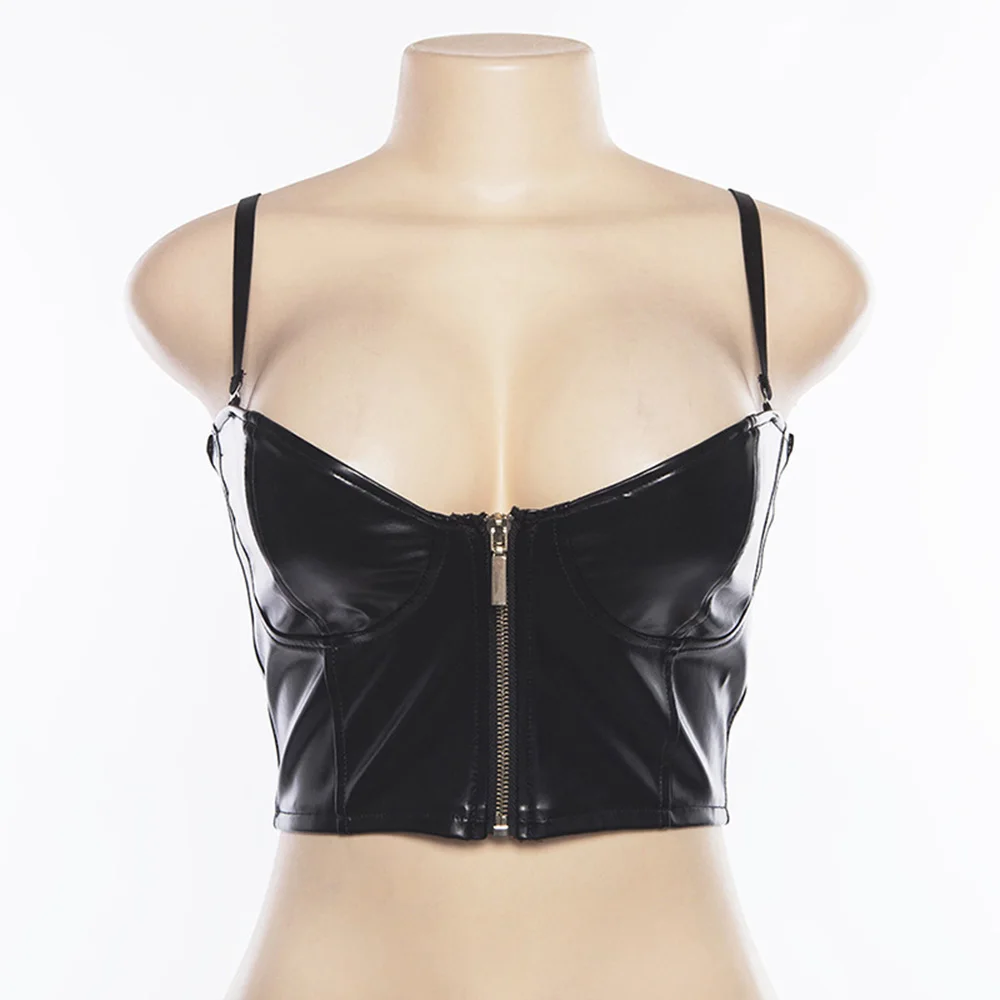 Сексуальный женский бюстье без косточек, тонкий короткий топ на бретельках, Женский Летний жилет из искусственной кожи, Майки на молнии, топы, бандо, клубная одежда