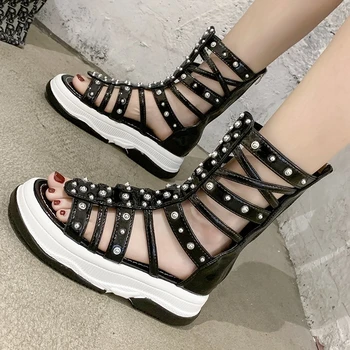 

Women Gladiator Sandals Platform Chunky Casual Shoes High Top Summer Designer Brand Fashion Rivet Leather Sandal For Woman 2020
