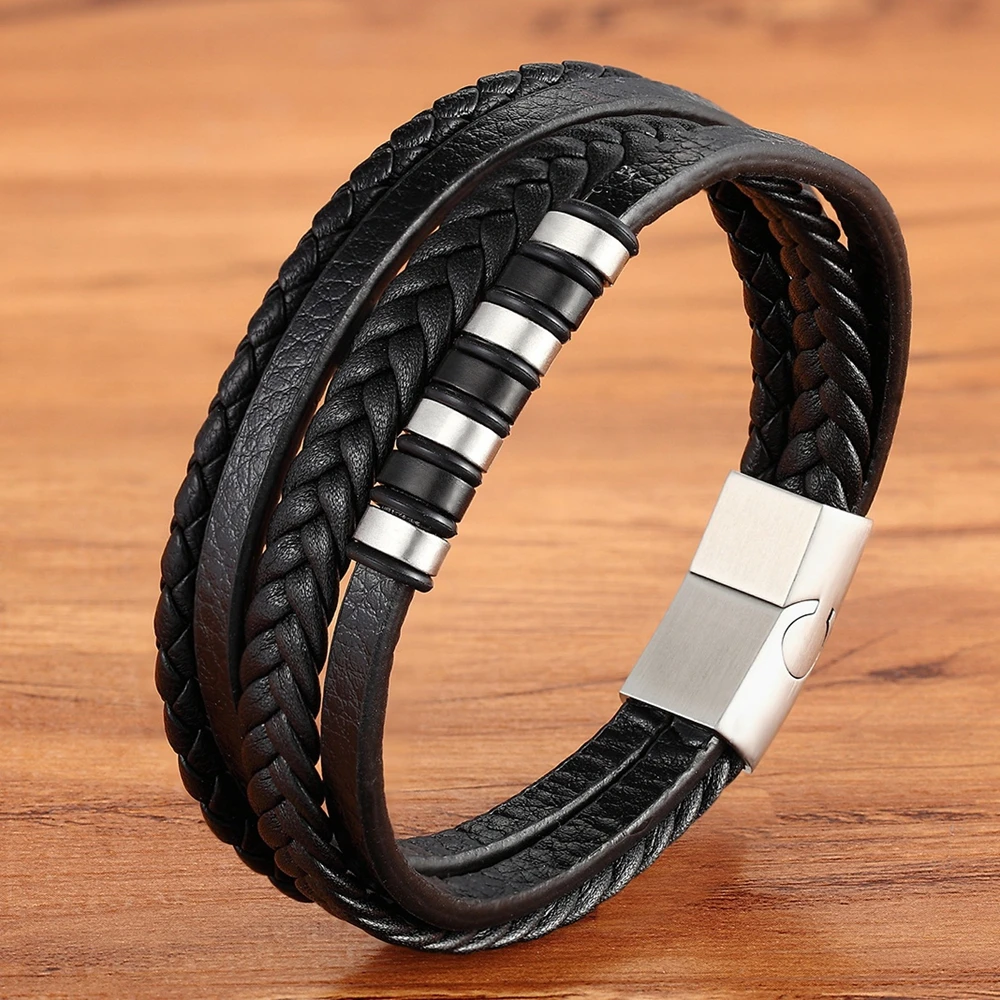 Classic Multi-layer Luxury Style Stainless Steel Men’s Leather Bracelet Hand-woven Customizable DIY Quality Drop Shipping