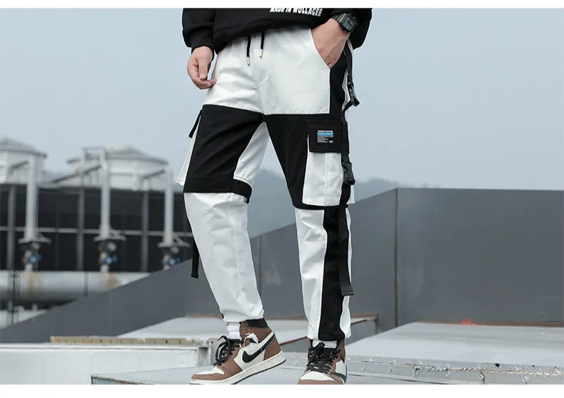 Мужские уличные штаны-шаровары с эластичным поясом в стиле панк с лентами, повседневные обтягивающие штаны для бега, мужские брюки в стиле хип-хоп
