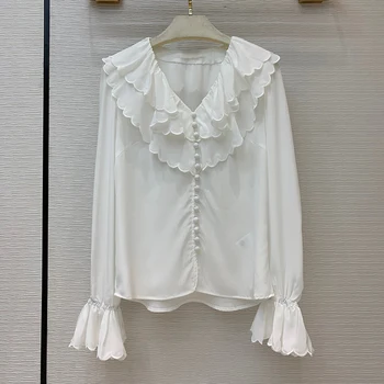 

Summer Blouses Women Ruffles V-Neck Silk Shirt 2020 Long Sleeve Brand Blouse Tops Casual