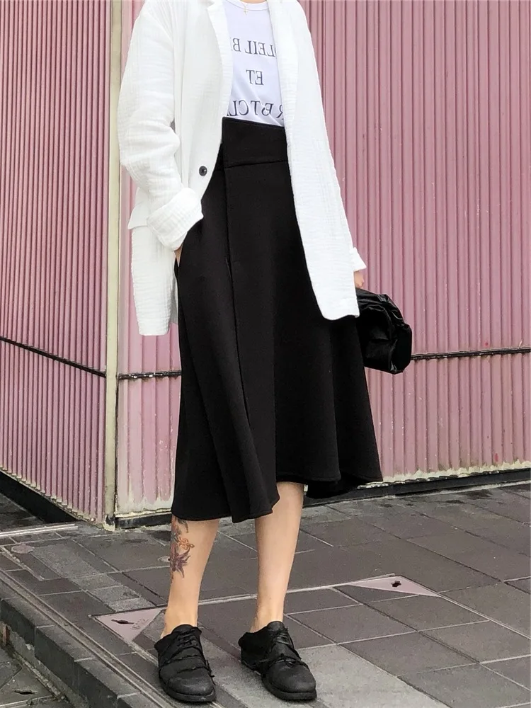 

Skirt Female Black High-waisted Skirt Mid-length 2019 Spring New Style Korean-style Hong Kong Flavor Students Retro A- line Skir