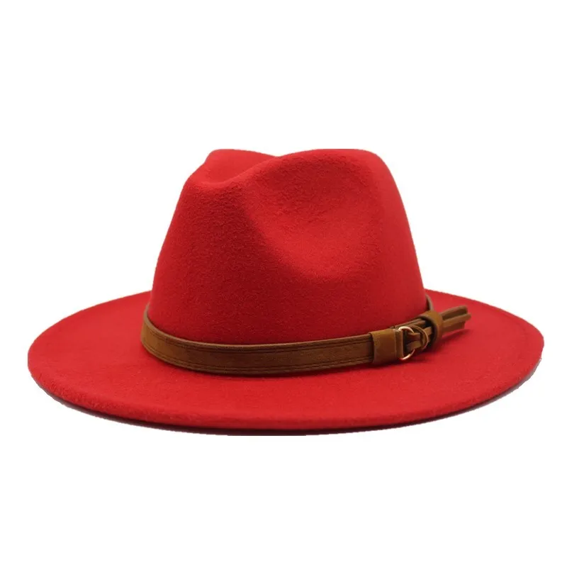 Широкие полями осенние женские фетровые шляпы, шерстяной джазовый головной убор, зимняя фетровая шляпа для мужчин, шерстяная шляпа, модные женские черные шляпы - Цвет: Red